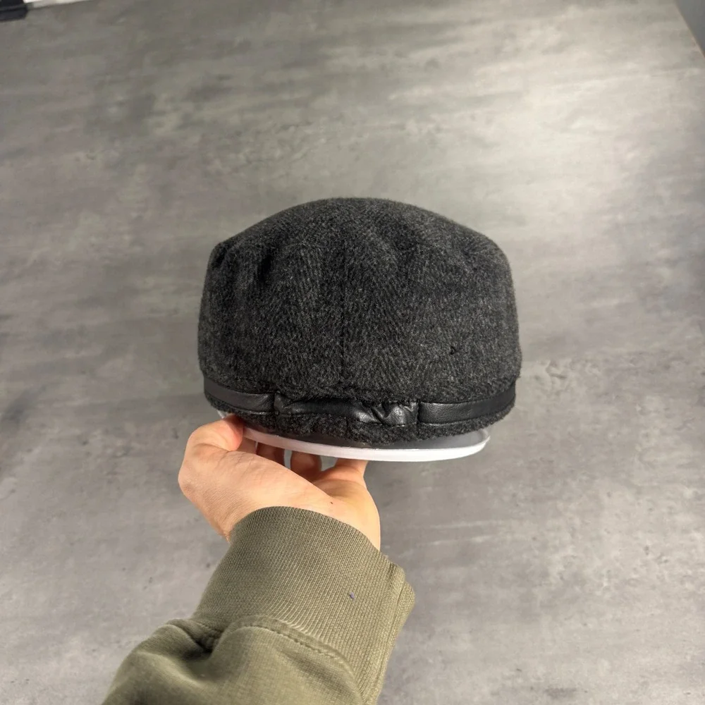 Cadet Hat Women OS Black Gray Herringbone Faux Leather Buckle‎ Military Cap